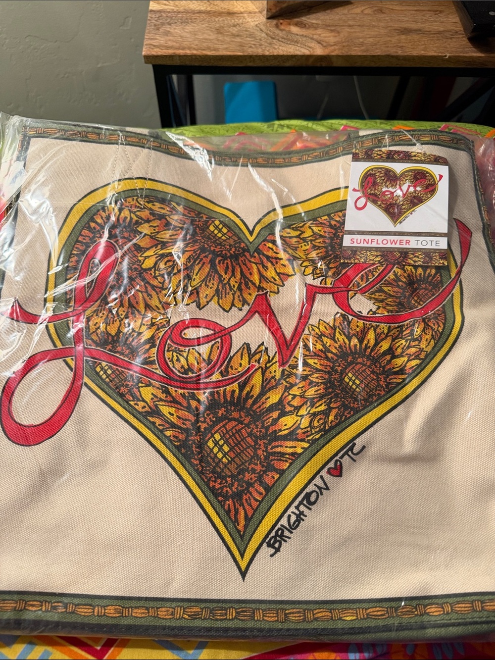 Brighton Vintage Sunflower Heart Canvas Tote in Cream, Yellow & Red